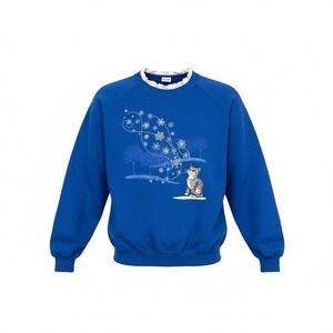 Vintage Blue Cat Snowflake Sweatshirt Medium Winter Kitten Graphic Pullover 90's